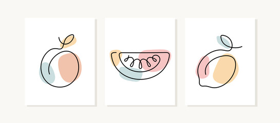 Fruits continuous line posters. Orange, watermelon, lemon artistic illustrations.