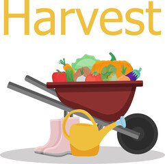 Harvesting. PNG. A garden wheelbarrow with vegetables, rubber boots and a watering can. An image on a transparent background.
