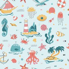 Cute seamless pattern nautical theme. Ocean and sea life background for children