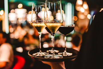 alcohol cocktail and wine set on a waiter tray in bar