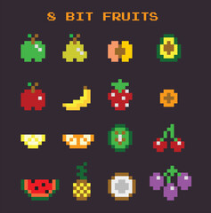 Vector fruits icons set.16 Retro, flat pixel art game assets. Apple, peach, banana, watermelon, pear, avocado, strawberry, pineapple, orange slice, coconut, grape, cherry 