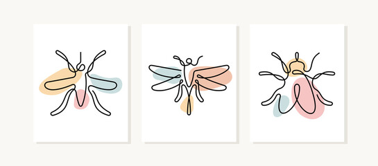 Insects continuous line posters. Mosquito, dragonfly, fly artistic vector illustrations.