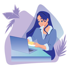 Woman sitting table with laptop. Working on a computer. Freelance, online education or social media concept. Freelance or studying concept. Flat style. Vector illustration isolated on white.