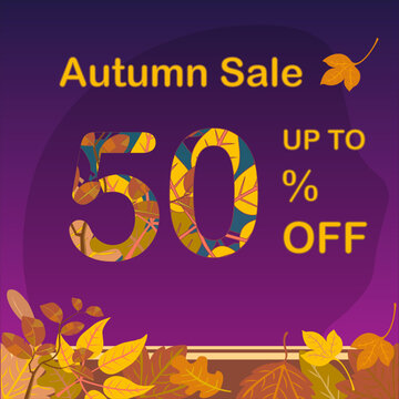 Autumn sale template. Up to fifty percent off. With yellow autumn leaves and autumn themed figures. Printable discount sign.