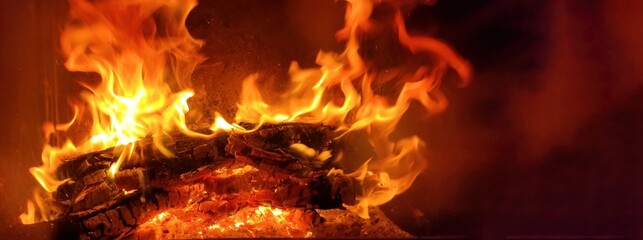 A log of wood firewood burning in a fireplace, fire of orange color, warmth of home in autumn