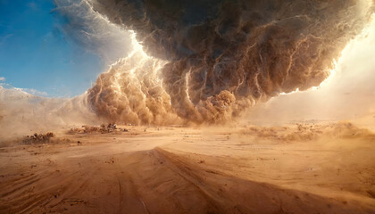 Desert landscape, sandstorm, sand morch, dramatic cloudy sky, unreal world, apocalypse. 3D illustration - obrazy, fototapety, plakaty