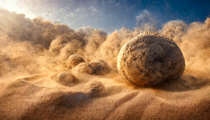 Fototapeta na wymiar Desert landscape, sandstorm, sand morch, dramatic cloudy sky, unreal world, apocalypse. 3D illustration