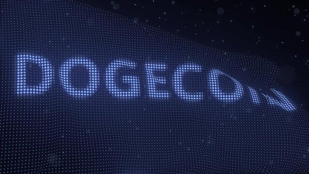 Dogecoin cryptocurrency name on waving digital flag