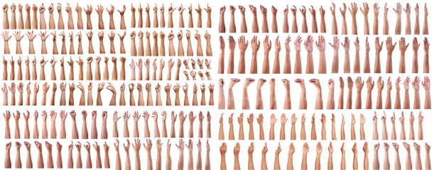 SUPER SET of Male asian hand gestures isolated over the white background. Grab with five fingers Action. sexual sign. Masturbation.Pointing Visual Touch Action.