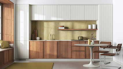 Fototapeta na wymiar Japandi trendy wooden kitchen and dining room in white and yellow tones. Wooden cabinets, contemporary wallpaper and big window. Minimalist interior design