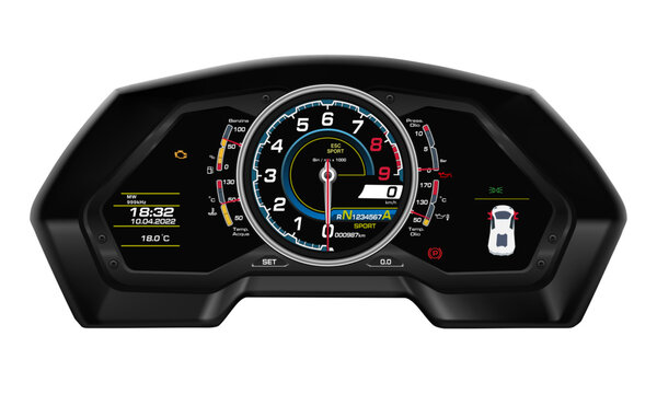 Realistic Vector Modern Super Car Dashboard Speed Control Digital Technology Black On White Background