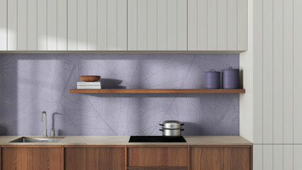 Japandi wooden kitchen close up in white and purple tones. Modern cabinets, wallpaper, shelf with decors and induction hob. Minimalist interior design