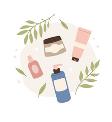 Set of creams, sprays and tubes for skincare. Icon, logo. Beauty. Cleansing and moisturizingproducts. Flat vector illustration.