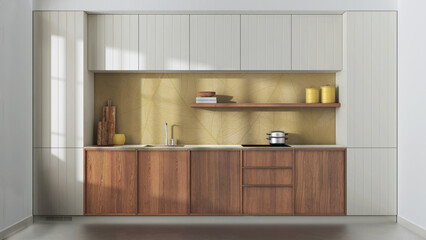 Fototapeta na wymiar Japandi trendy wooden kitchen in white and yellow tones. Modern cabinets, contemporary wallpaper and concrete floor. Minimalist interior design