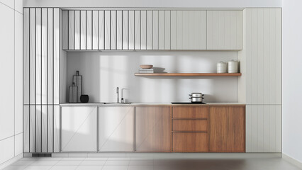 Architect interior designer concept: hand-drawn draft unfinished project that becomes real, japandi trendy wooden kitchen. Modern cabinets, contemporary wallpaper and concrete floor