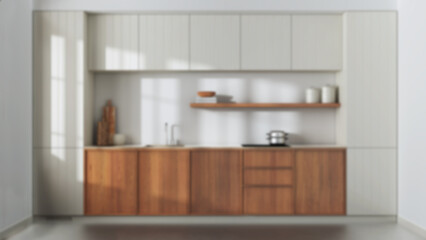Blurred background, japandi trendy wooden kitchen. Modern cabinets, contemporary wallpaper and concrete floor. Minimalist interior design