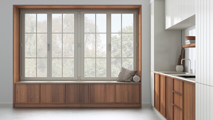 Fototapeta premium Modern cozy kitchen and big window with bench in white and beige tones. Wooden cabinets and concrete floor. Minimalist japandi interior design