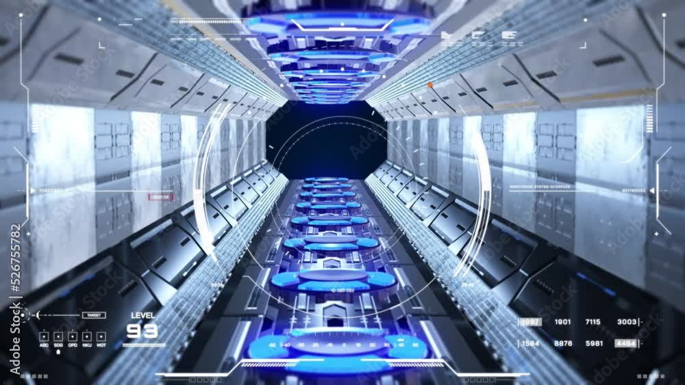 Poster HUD futuristic screen flying through cyber space tunnel science fiction 4K motion. 3D UI digital infographic display technology aerial view.