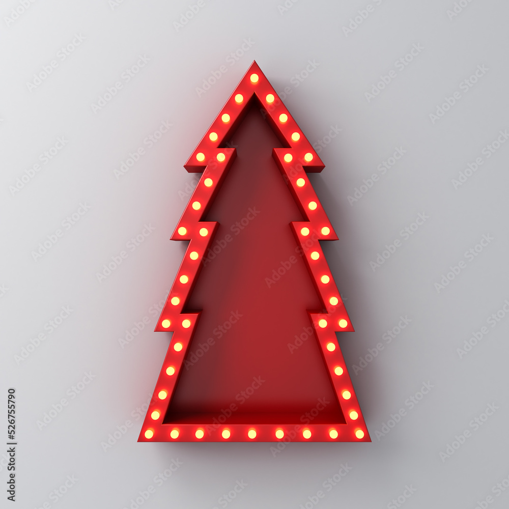Poster red christmas tree sign box with retro glowing yellow neon light bulbs isolated on white wall backgr
