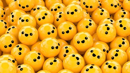 Many yellow balls with smiling faces. 3D rendering background