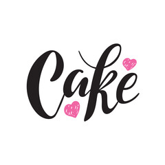 Cake logo. Vector hand lettering. Black letters with pink pastel hearts on white background. Logo for bakery dessert sweet products packaging cupcakes pastry confectionary. Trendy creative calligraphy