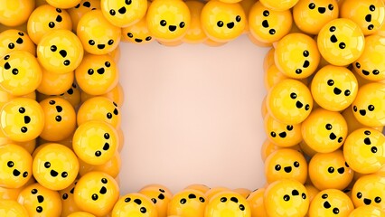 A white empty space among many yellow balls with happy faces. 3D rendering background