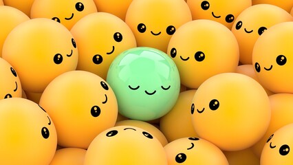 A green ball with a calm face among many yellow balls with a smiling face. 3D rendering background