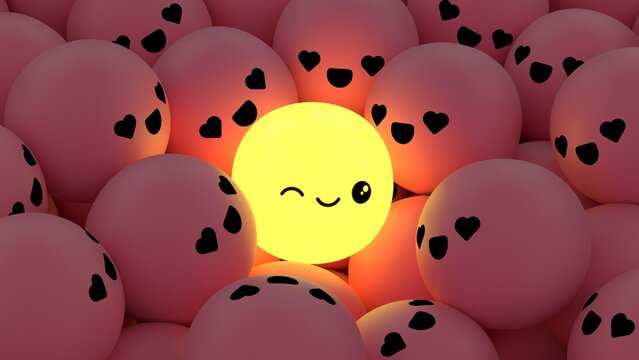 Shining ball with smiley face among many pink balls with love face. 3D rendering background