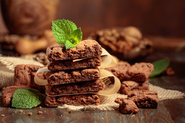 Fresh brownie with mint on a wooden table.