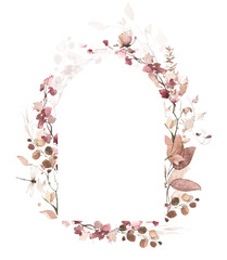 Watercolor frame on white background. Orange, gray, and yellow autumn wild flowers, branches, maple leaves and twigs