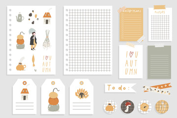 Cute Autumn and Fall Notebook design. Daily Planner Template. Organizer and Schedule with Notes and To Do List. Isolated. Trendy Concept Sticker set. Modern scheduler or organizer. Vector illustration