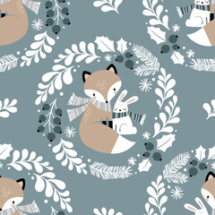 Seamless vector pattern with cute hand drawn fox and white rabbit in winter wreath. Perfect for textile, wallpaper or print design.