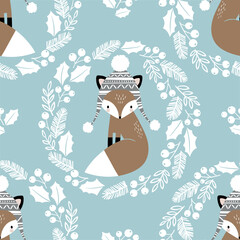 Seamless vector pattern with cute hand drawn fox and  in winter wreath. Perfect for textile, wallpaper or print design.