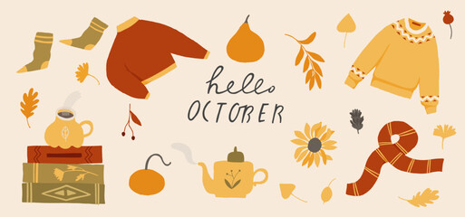 Autumn banner, Fall bundle of cute and cozy design elements. Set of fall leaves, foliage, pumpkins, house, sweater, kettle and tea cup. Colored flat vector illustration collection isolated