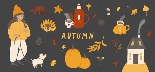 Autumn banner, Fall bundle of cute and cozy design elements. Set of fall leaves, foliage, pumpkins, house, sweater, kettle and tea cup. Colored flat vector illustration collection isolated