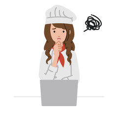 デスクで座ってPCを開いて困っている調理師の女性