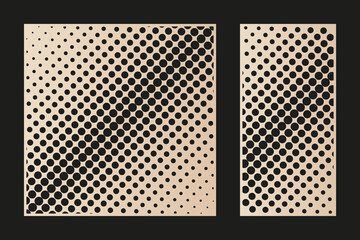 Laser cut panels. Vector design with abstract geometric pattern, halftone dots, circles, diagonal gradient transition. Elegant template for cnc cutting of wood, metal, plastic. Aspect ratio 1:1, 1:2