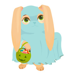 A fluffy rabbit in a ghost costume. Halloween Autumn entertainment. Cheerful Bunny. Vector illustration on a white background.