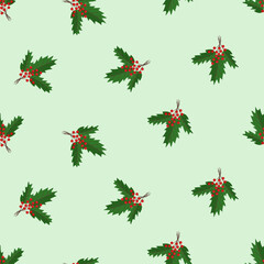 Seamless pattern with Christmas branches and berries, vector illustration, viburnum leaves background.