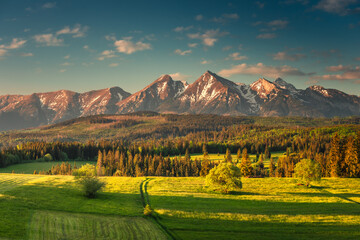 Spring view of the Tatra Mountains in Poland from Spisz and Podhale. Beautiful views from one of...
