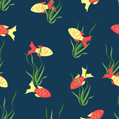 Obraz premium Seamless pattern of red and gold fish swimming in blue water and green algae. Vector illustration Wallpaper.