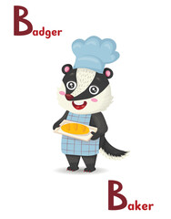 Latin alphabet ABC animal professions starting with b badger baker in cartoon style.