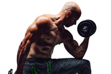 Strong young man bodybuilder performing exercise for biceps with heavy weights in both hands on transparent background.