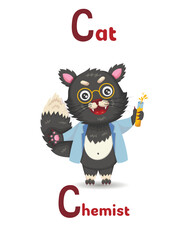 Latin alphabet ABC animal professions starting with c cat chemist in cartoon style.