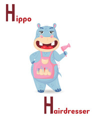 Latin alphabet ABC animal professions starting with h hippo hairdresser in cartoon style.