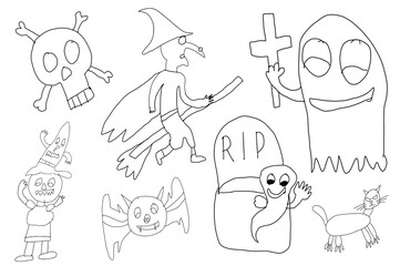 mystical drawings of witches, ghosts, doodle pumpkins on the theme of Halloween, festive background