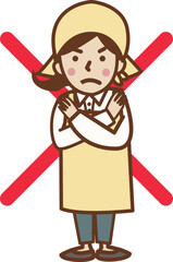 バツのポーズをする、エプロン姿の女性。