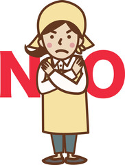 バツのポーズをする、エプロン姿の女性。