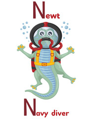 Latin alphabet ABC animal professions starting with letter n newt navy diver in cartoon style.