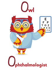 ABC latin alphabet animal professions starting with letter o owl ophthalmologist in cartoon style.